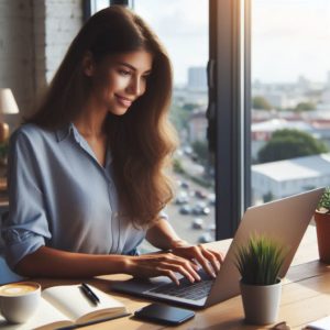 Eine Frau schreibt ihre Onlinebewerbung auf einem Notebook auf einem Schreibtisch, dessen Bildschirm eine geöffnete E-Mail-Anwendung zeigt. Die E-Mail ist in einem modernen, minimalistischen Stil gestaltet und enthält gut strukturierte Informationen. Im Hintergrund sind unscharf verschiedene Bürogegenstände wie ein Notizbuch, ein Stift und eine Kaffeetasse zu sehen, was eine produktive und professionelle Arbeitsumgebung vermittelt.